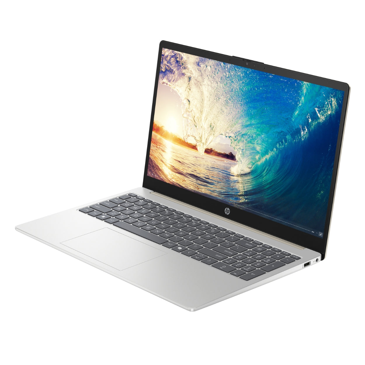 Diseño delgado y ligero de la Laptop HP 15-fd0255la vista en ángulo.