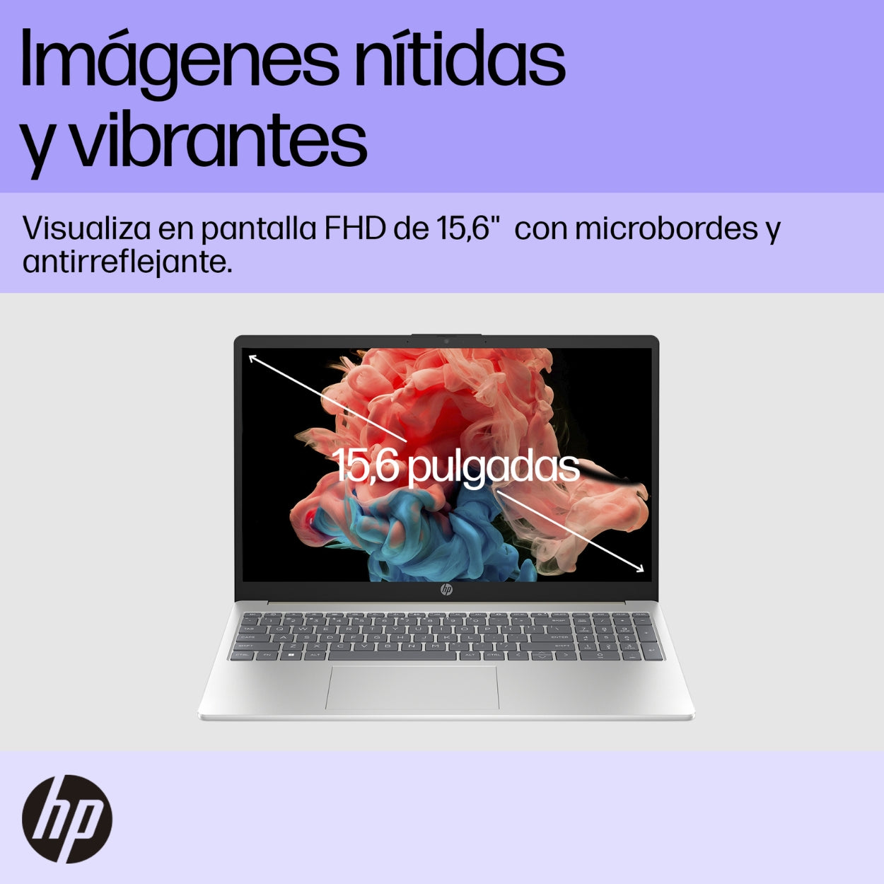 Laptop HP 15-fd0255la con pantalla FHD de 15.6 pulgadas antirreflectante.