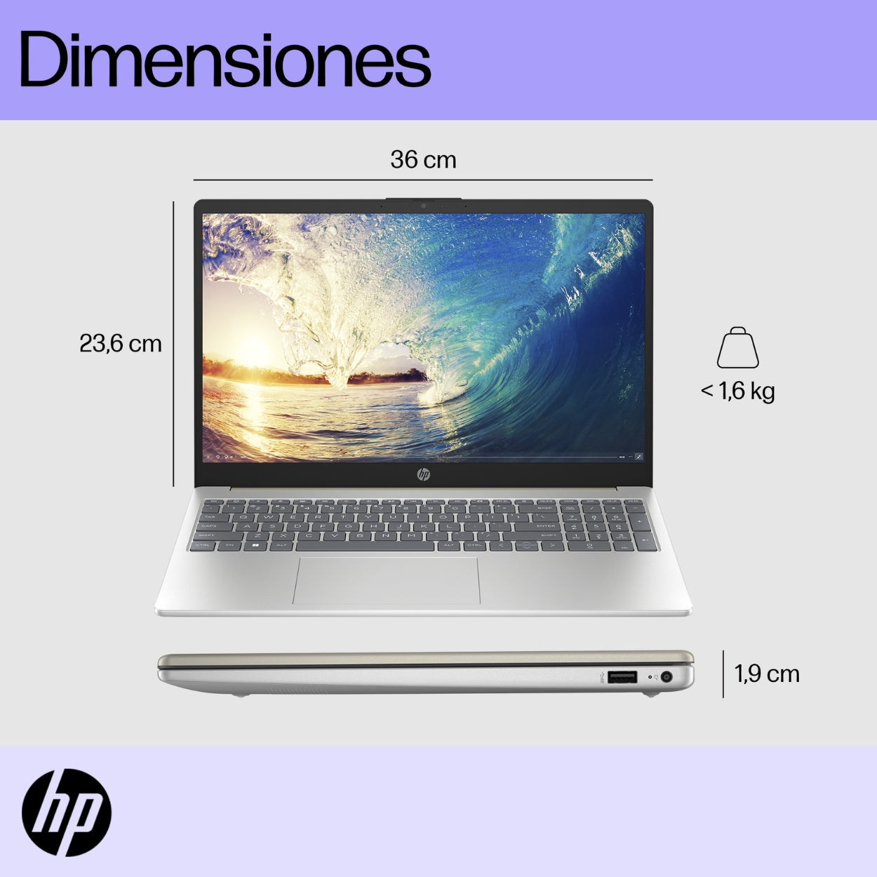 Laptop HP 15-fd0255la ligera de 1.59 kg para oficina, estudio y uso familiar.