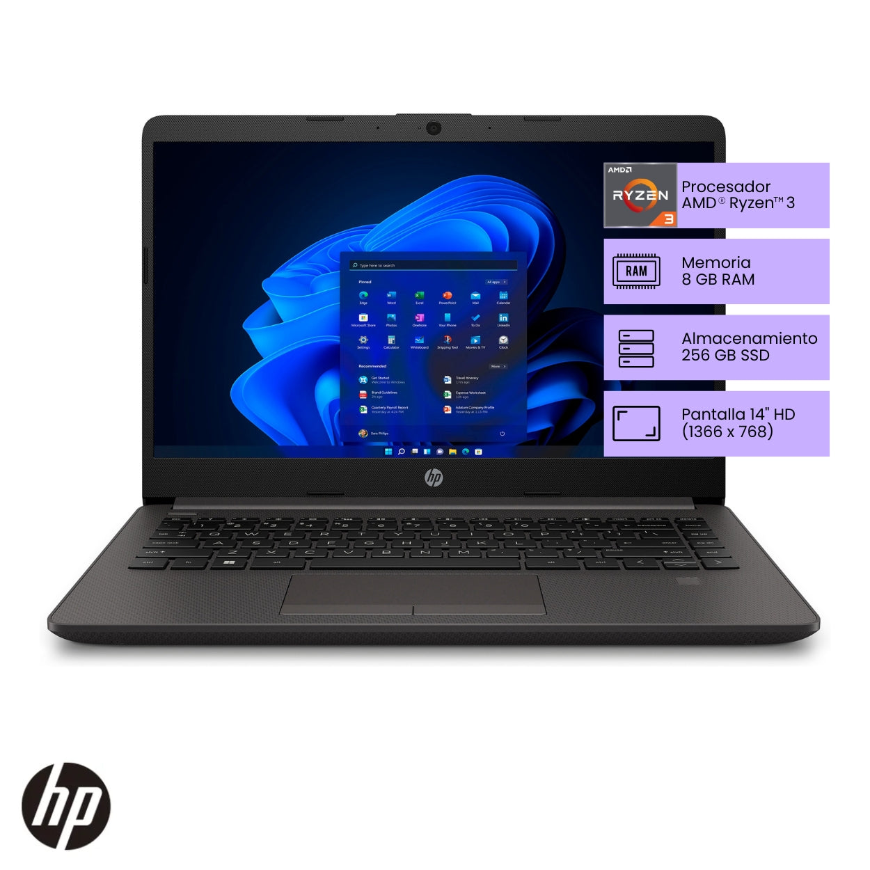 Laptop HP 245 G9 Ryzen 3 frontal con pantalla 14 pulgadas HD