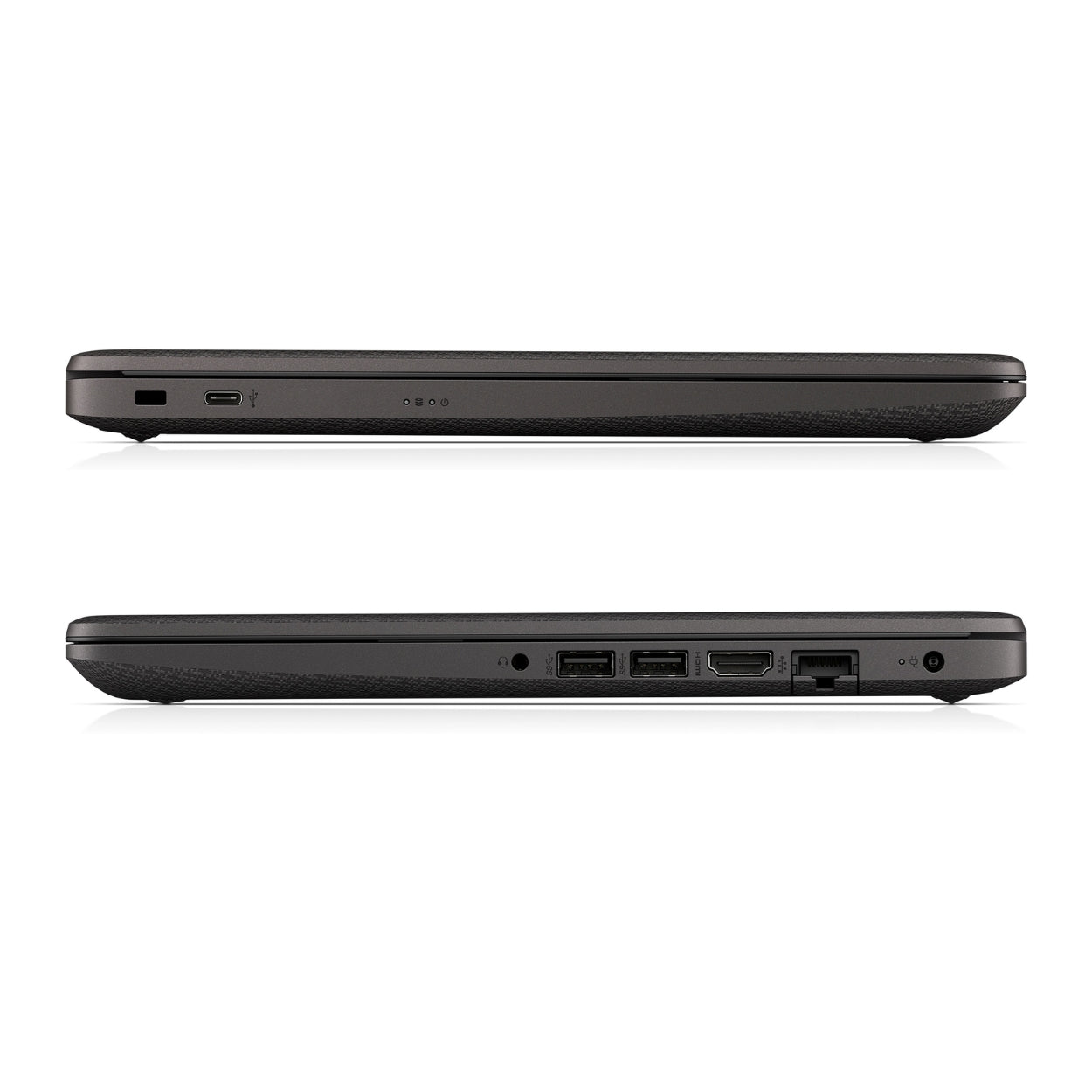 Vista lateral de Laptop HP 245 G9 mostrando puertos USB-C, HDMI y RJ-45