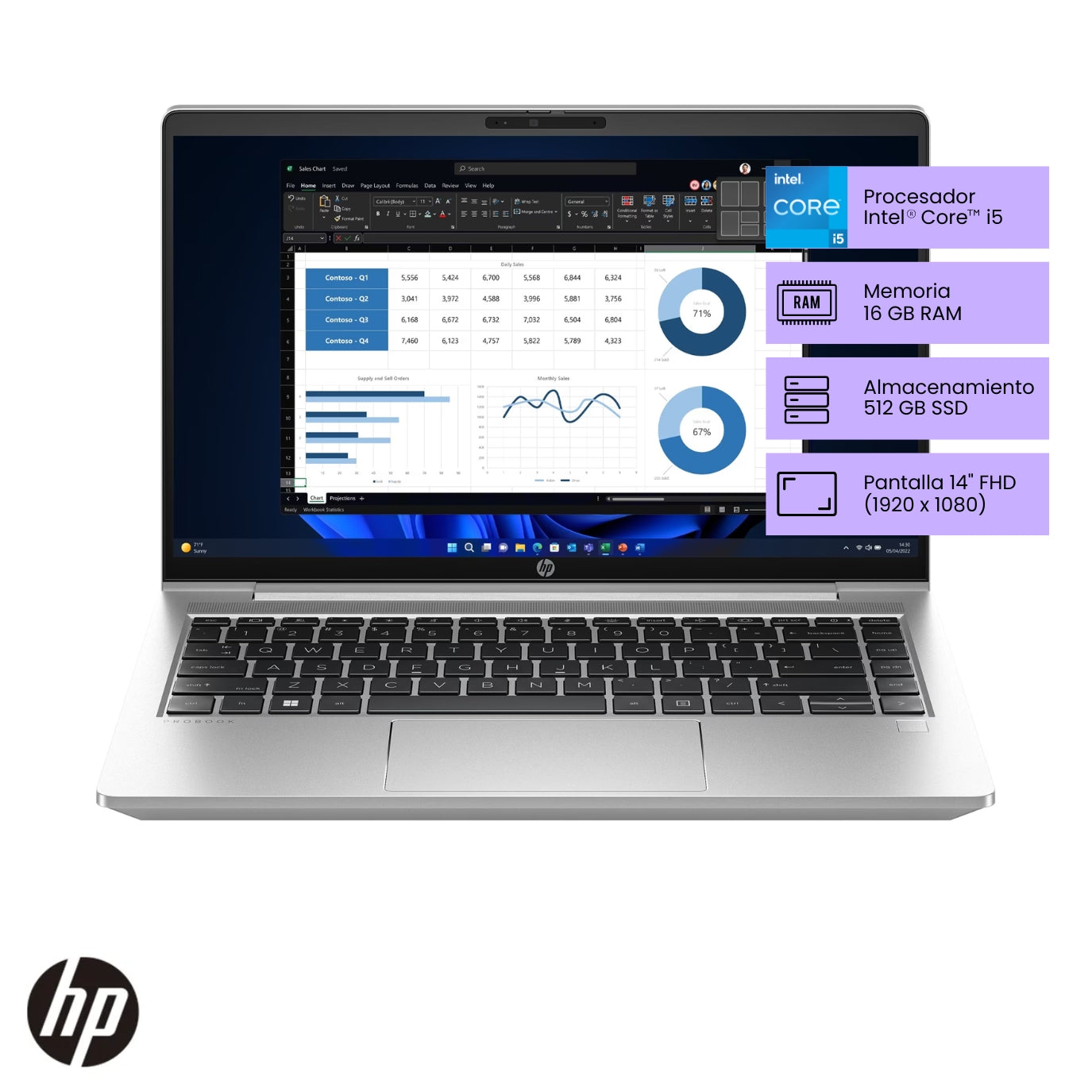 Laptop HP ProBook 440 G10 Intel Core i5 vista frontal pantalla 14 pulgadas FHD