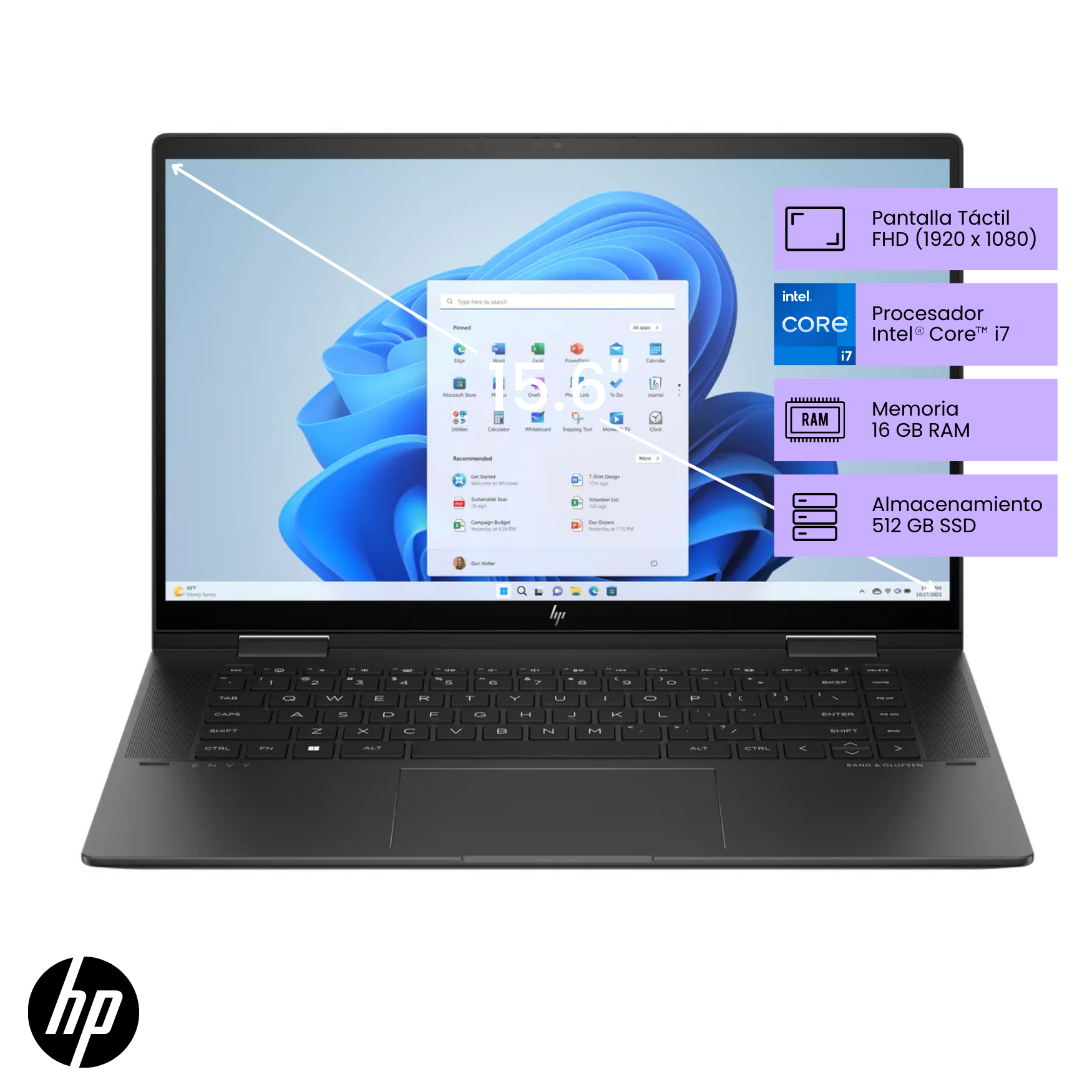 Laptop HP ENVY x360 15-fh0004la Ryzen 7 7730U 16GB RAM, SSD 1TB, 15.6" Táctil, Windows 11 (8J424LA)