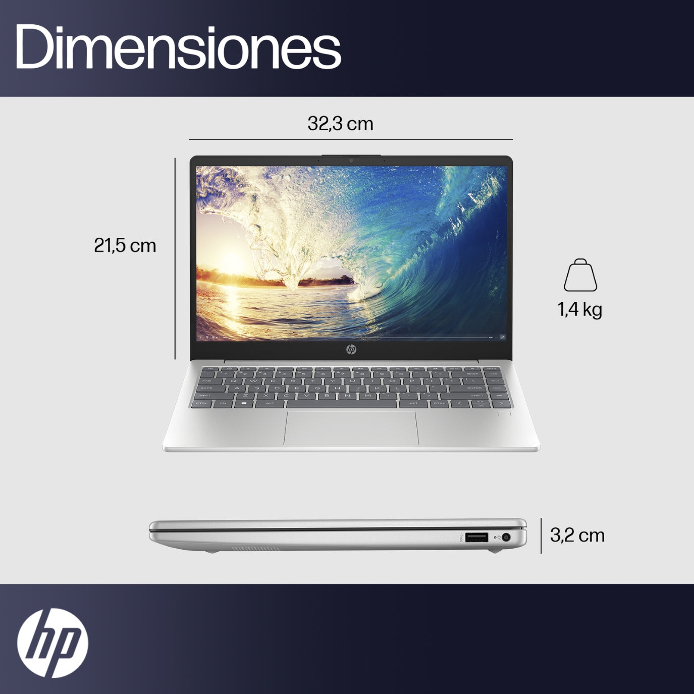 Laptop HP 14-ep1001la Intel Core Ultra 5 dimensiones tamaño