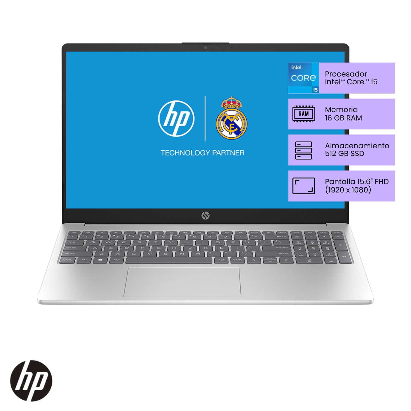 Laptop HP 15-fd0030la Intel Core i5 vista frontal con pantalla FHD de 15.6 pulgadas