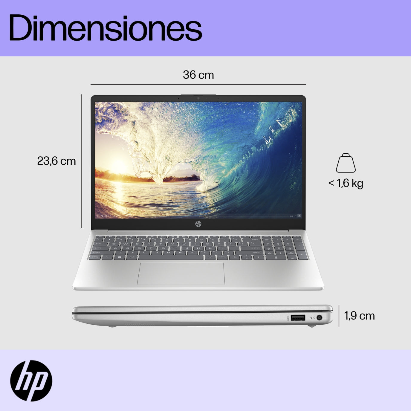 Empaque, dimensiones, original de la Laptop HP 15-fd0030la Intel Core i5 con garantía HP