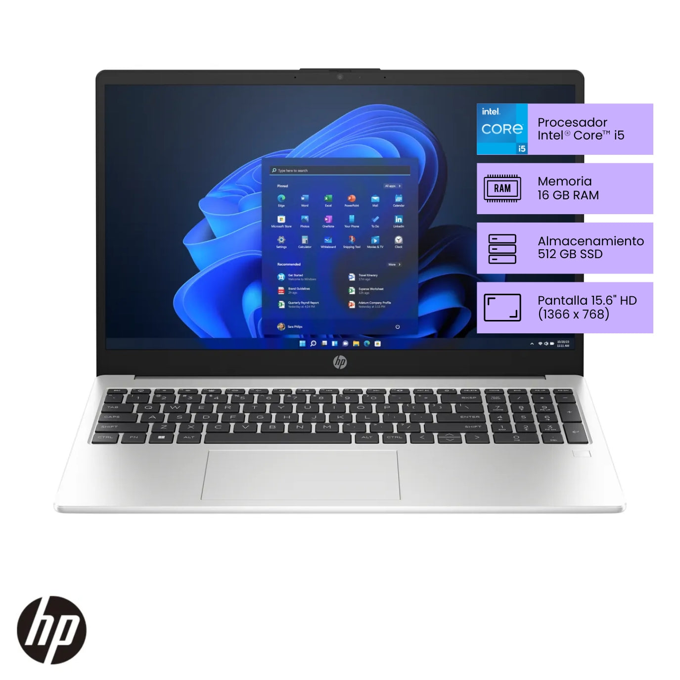 Laptop HP 250 G10 Intel Core i5 vista frontal con pantalla HD de 15.6 pulgadas