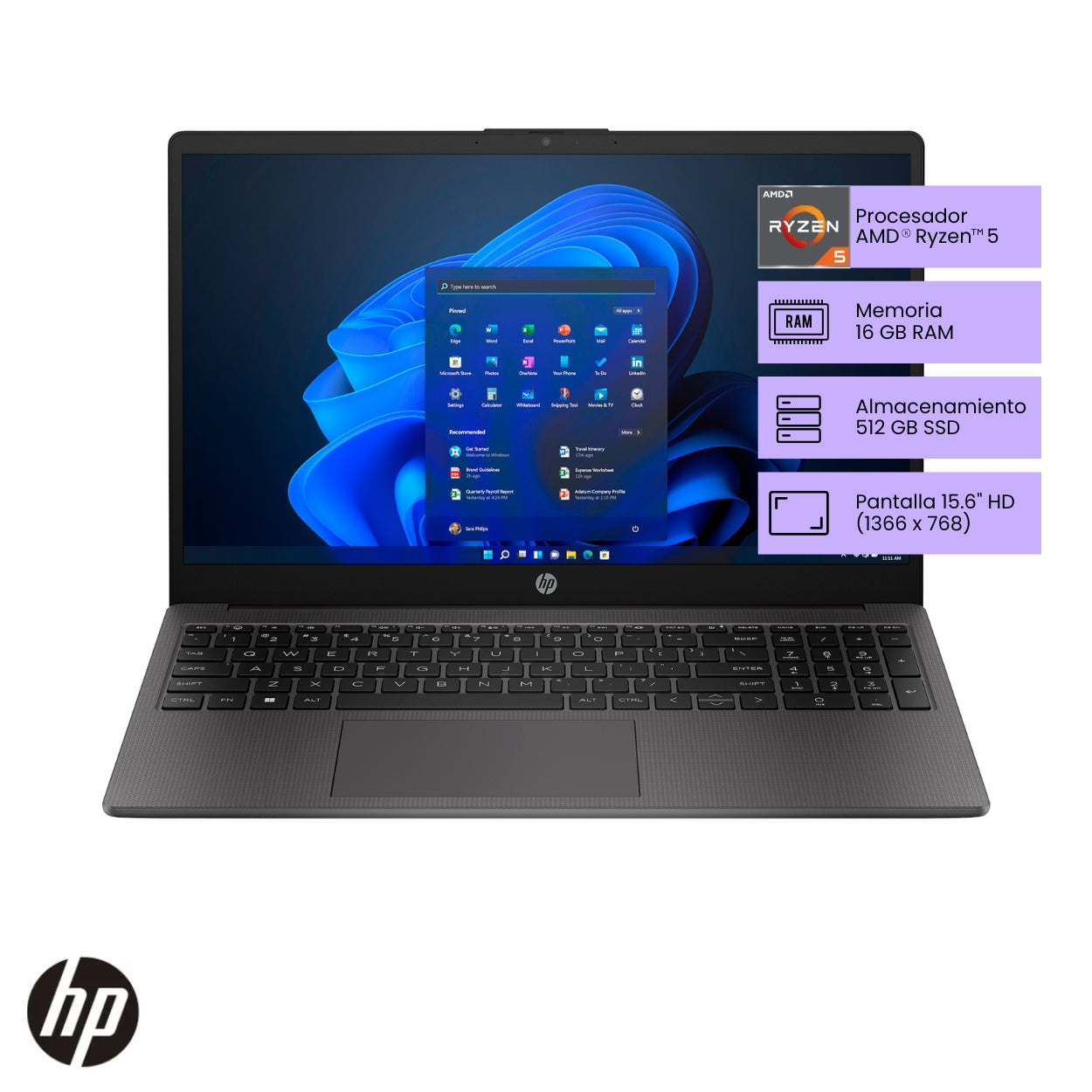 Laptop HP 255 G10 AMD Ryzen 5 7520U, 16GB RAM, 512GB SSD, Pantalla 15.6" HD, FreeDOS (BF9Z9AT)