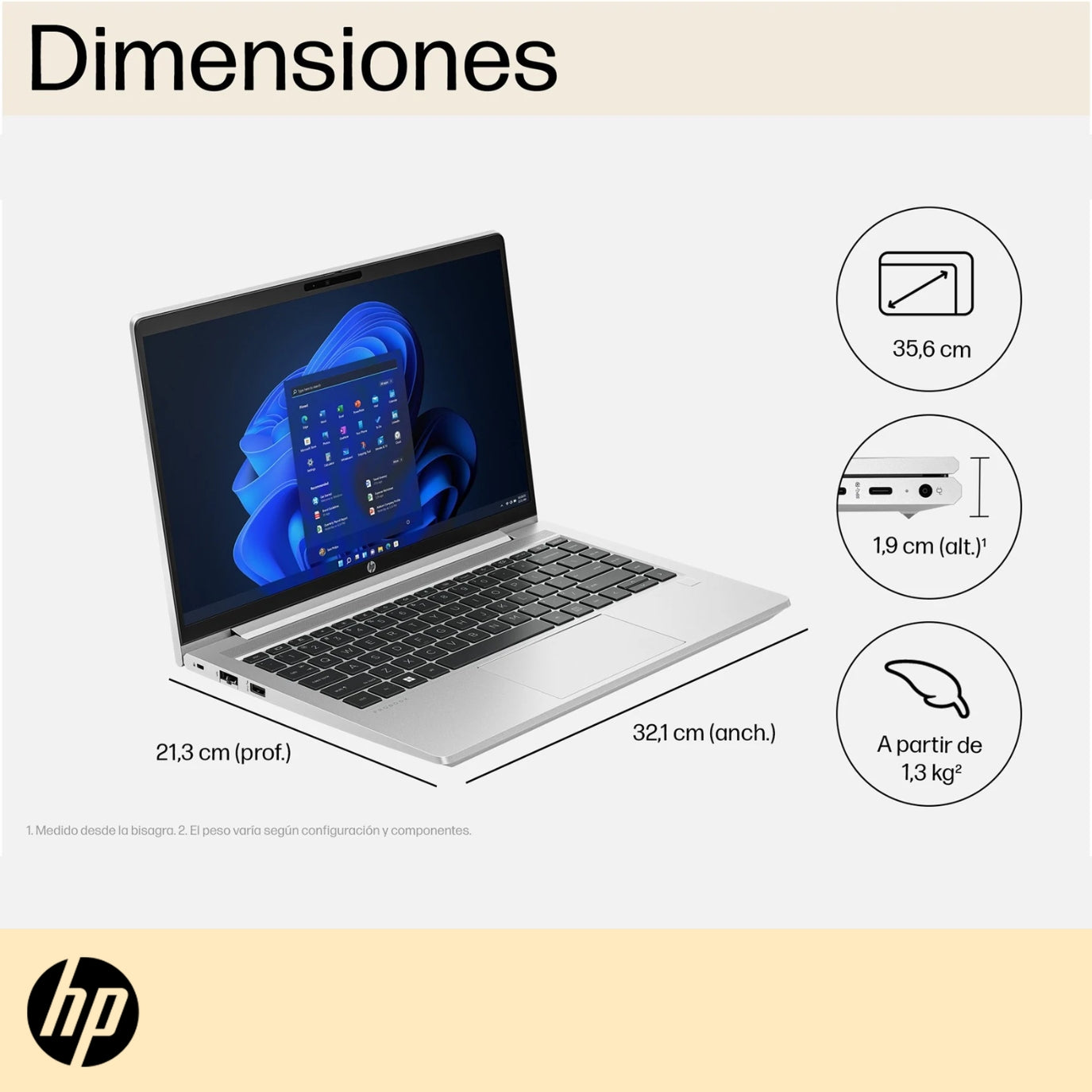 Laptop HP ProBook 440 G10 con pantalla 14 pulgadas FHD IPS antirreflejo y dimensiones