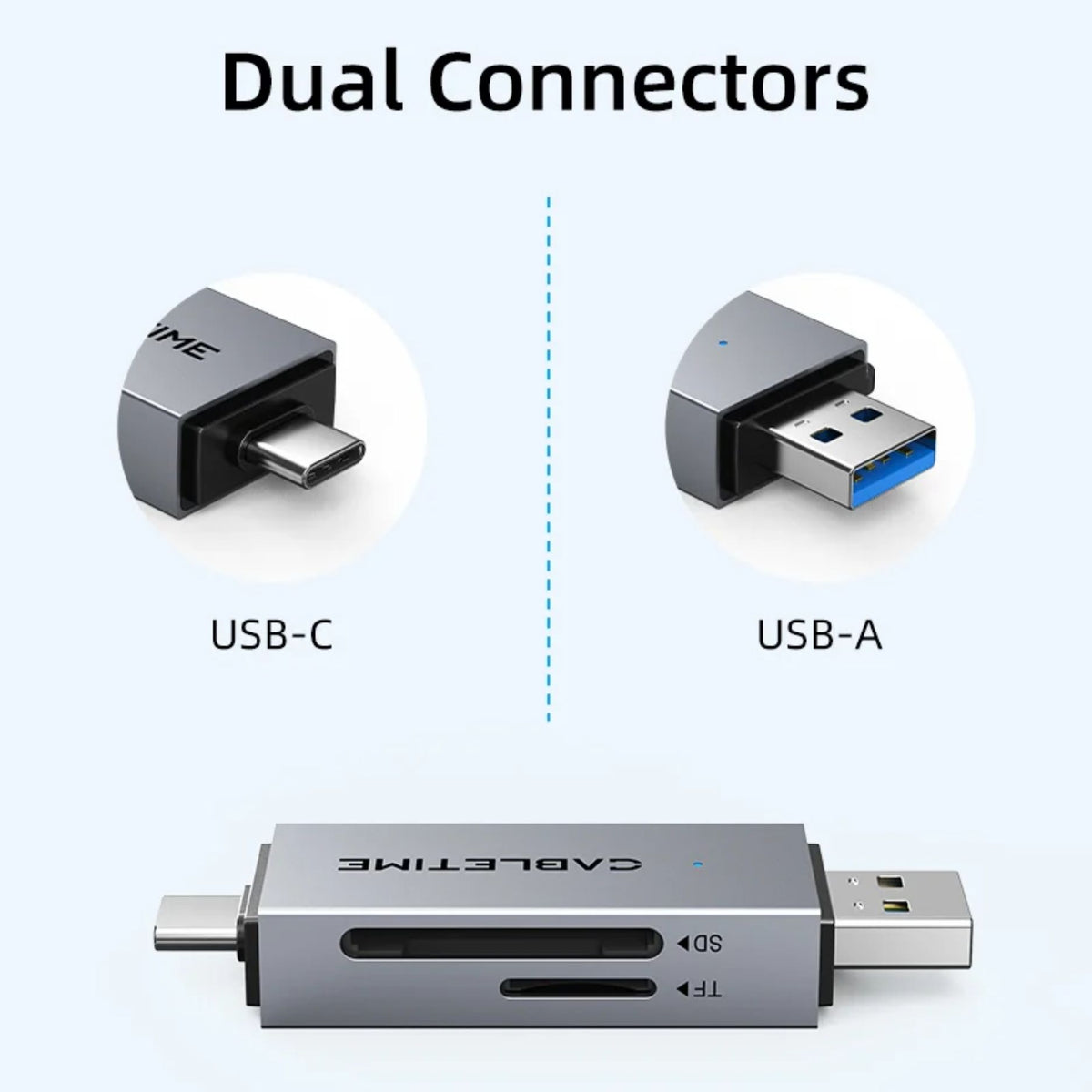 Conectores USB-C y USB-A 3.0 del lector de tarjetas CABLETIME CD40G