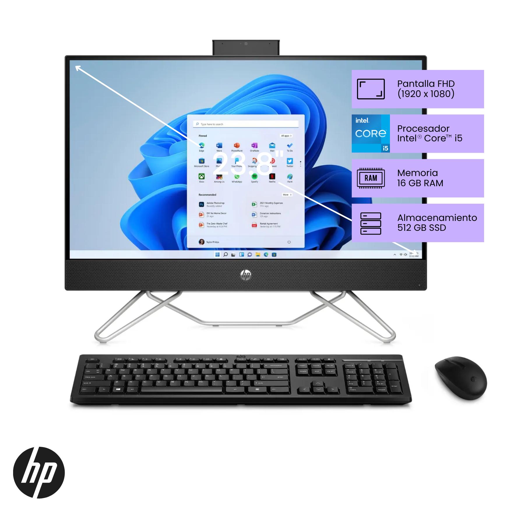 PC All In One HP 24-cb1004la Core i5-1235U 16GB RAM, SSD 512GB, 23.8", Windows 11 (69K50LA)