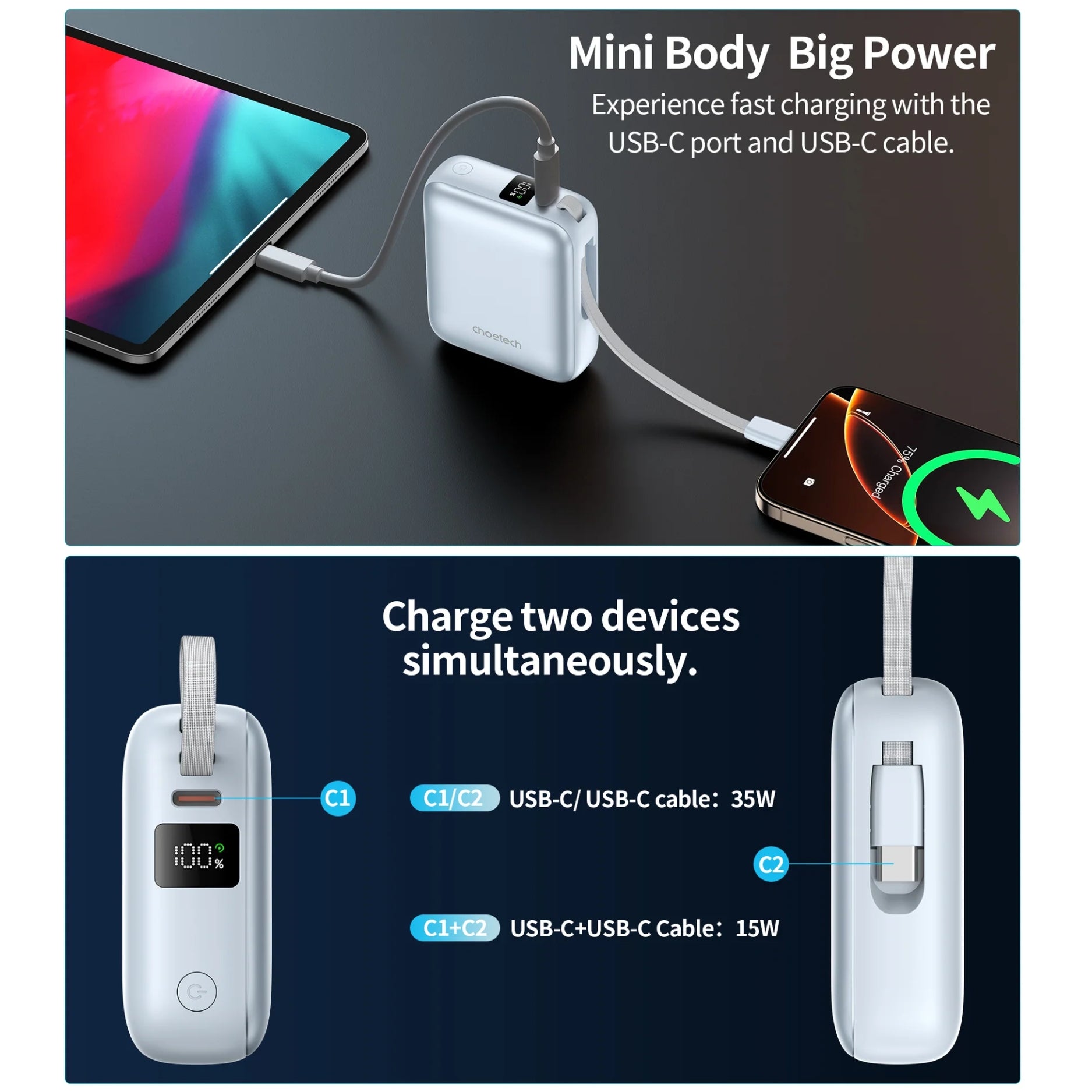 Power Bank CHOETECH B832-LBE con salida dual USB-C y cable USB-C Integrado para carga simultánea