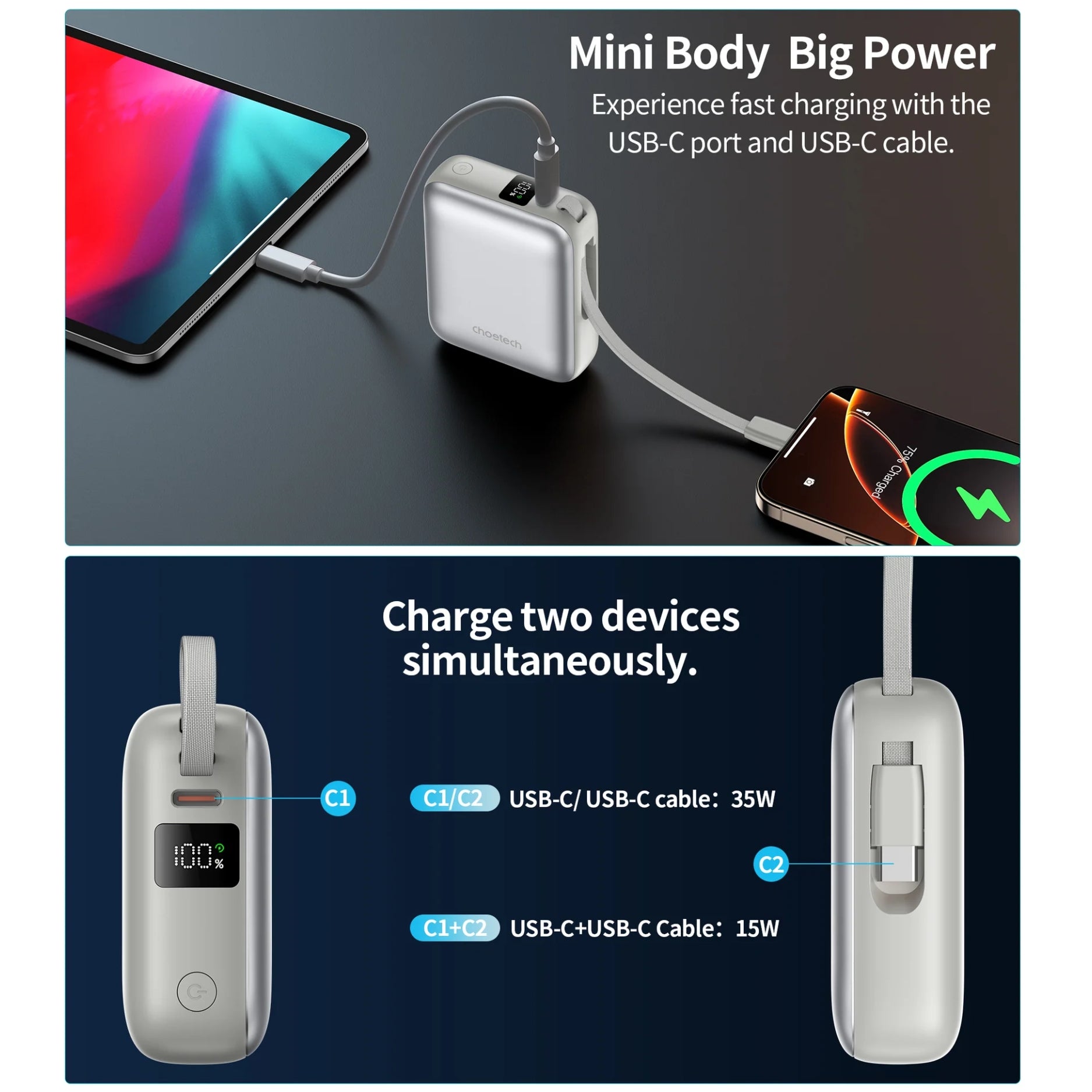 Power Bank CHOETECH B832 con salida dual USB-C y cable USB-C Integrado para carga simultánea