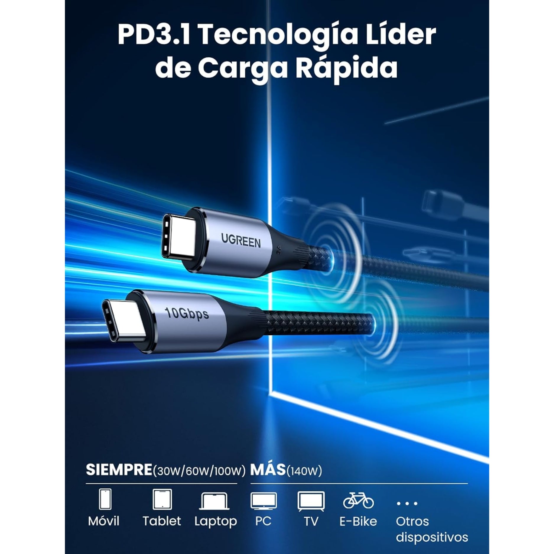 UGREEN Cable USB-C 3.2 Gen 2, 240W Carga Rápida, 10 Gbps, 4K @60Hz, para MacBook, iPhone, Celular, Tablet, 1 Metro  (US355 - 80150)