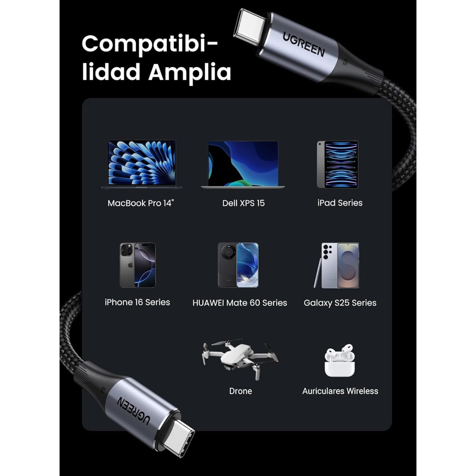 UGREEN Cable USB-C 3.2 Gen 2, 240W Carga Rápida, 10 Gbps, 4K @60Hz, para MacBook, iPhone, Celular, Tablet, 1 Metro  (US355 - 80150)