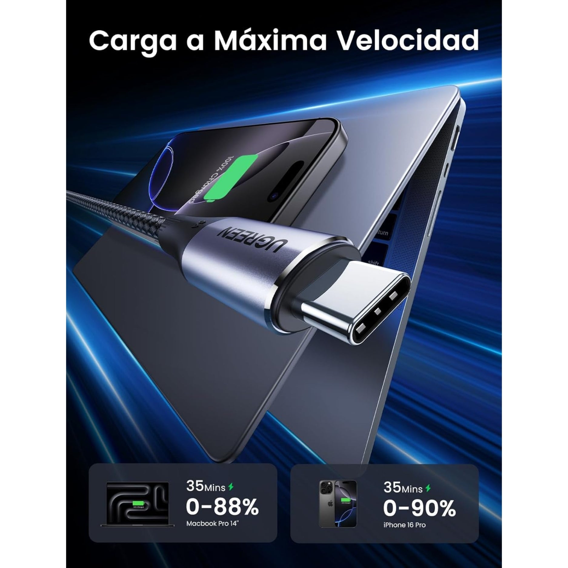 UGREEN Cable USB-C 3.2 Gen 2, 240W Carga Rápida, 10 Gbps, 4K @60Hz, para MacBook, iPhone, Celular, Tablet, 1 Metro  (US355 - 80150)