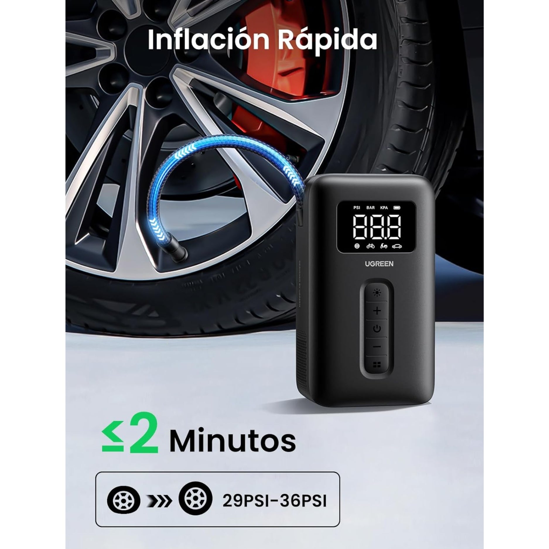 UGREEN CD259 Compresor e inflador de aire portátil 150 PSI con batería para llantas, auto, motos (15951)