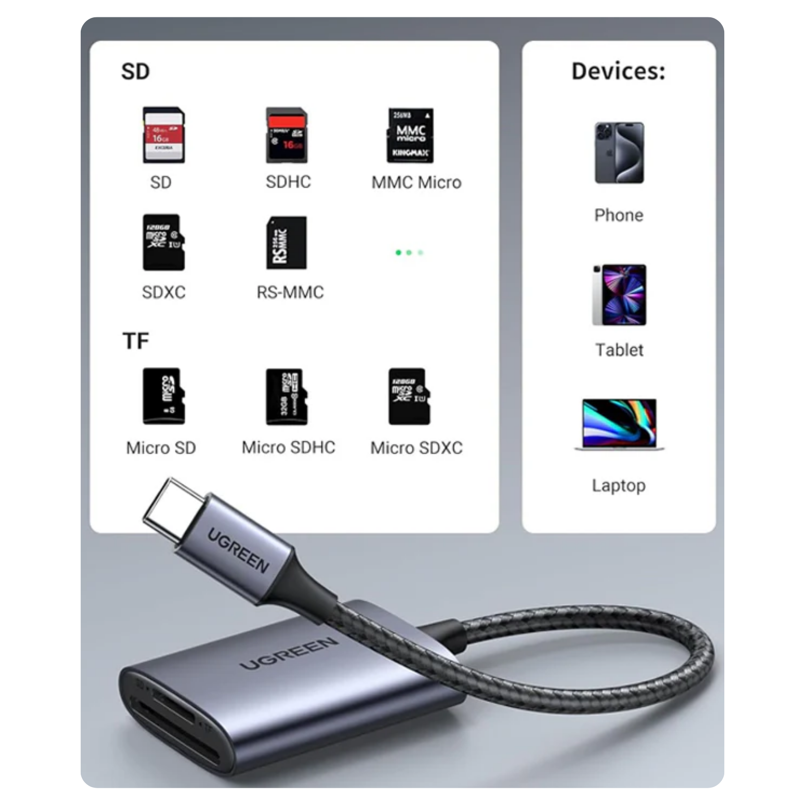 UGREEN Lector de tarjetas USB-C a SD, MicroSD para Laptop, MacBook, Tablet, iPad (CM401-80888)