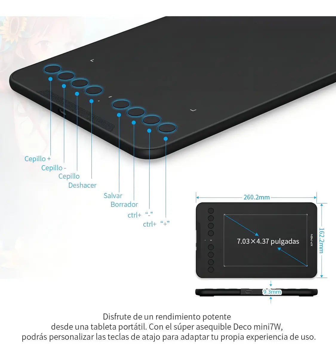 Botones de atajo rápido y área activa de la tableta XP-Pen Deco Mini 7W en Perú