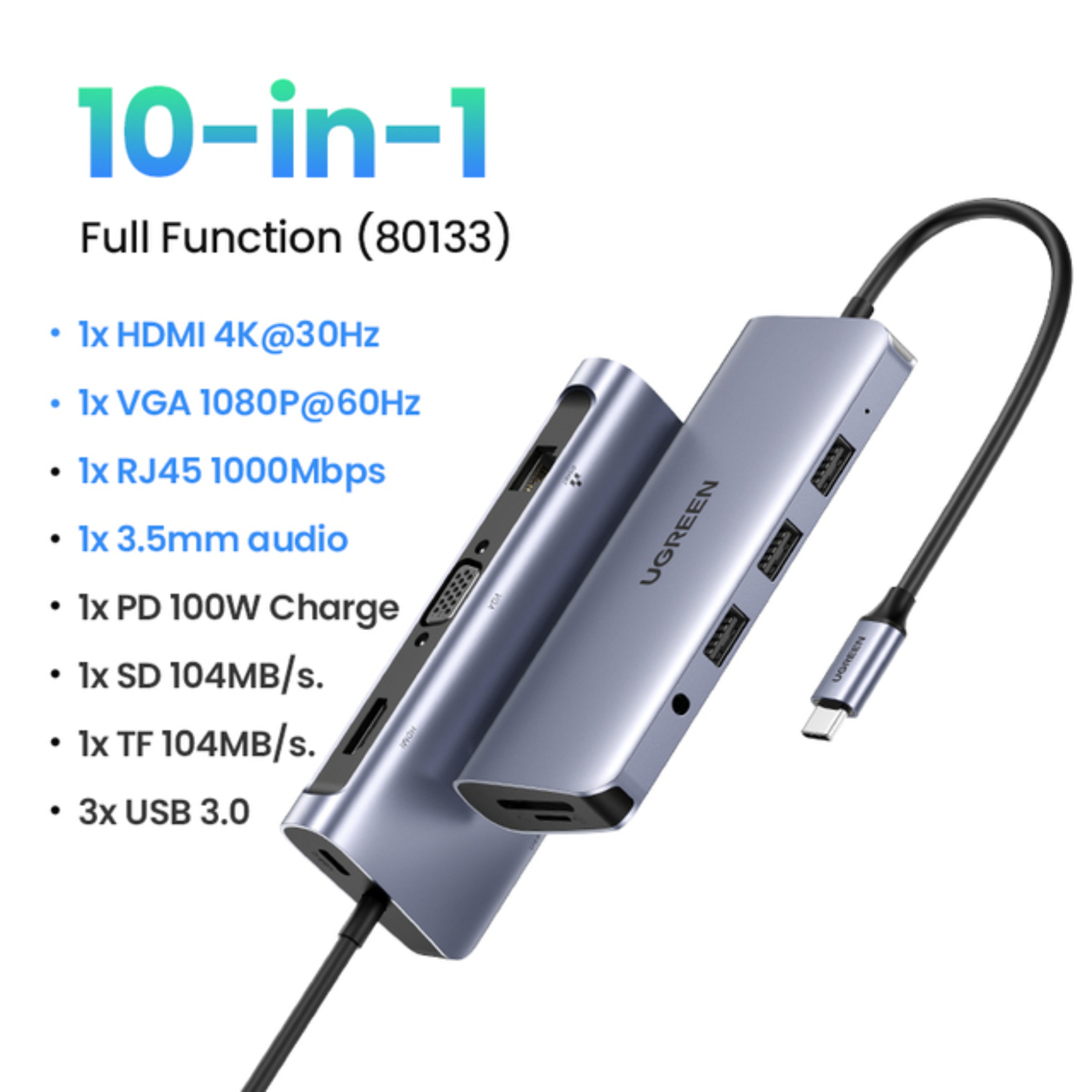 Hub adaptador USB-C Ugreen 10-en-1 RJ45, HDMI, VGA, USB-A, USB-C, SD, TF, AUDIO (80133)