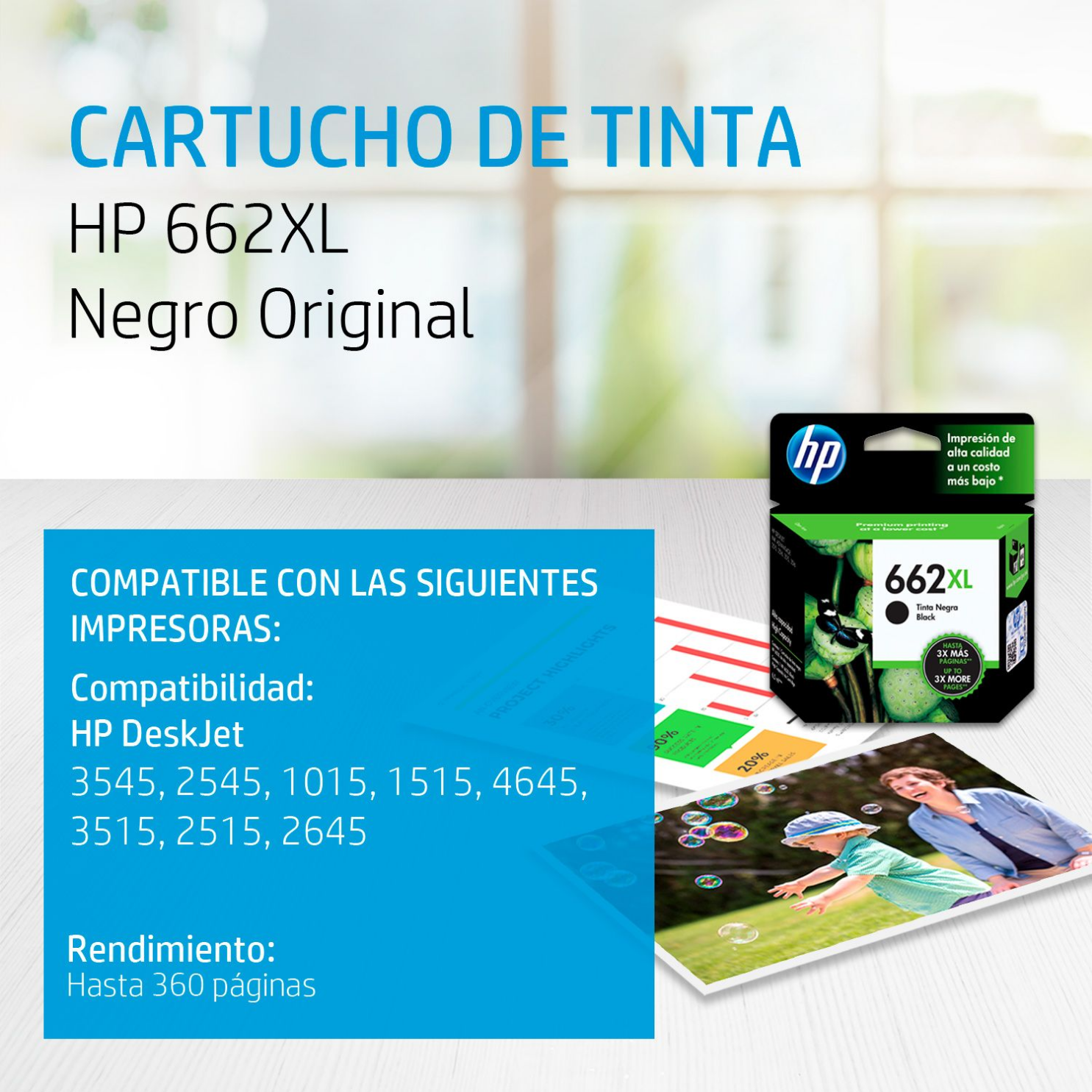 Cartucho de tinta HP 662XL Negro (CZ105AL) DeskJet 2515, 3515, 360 Pag.