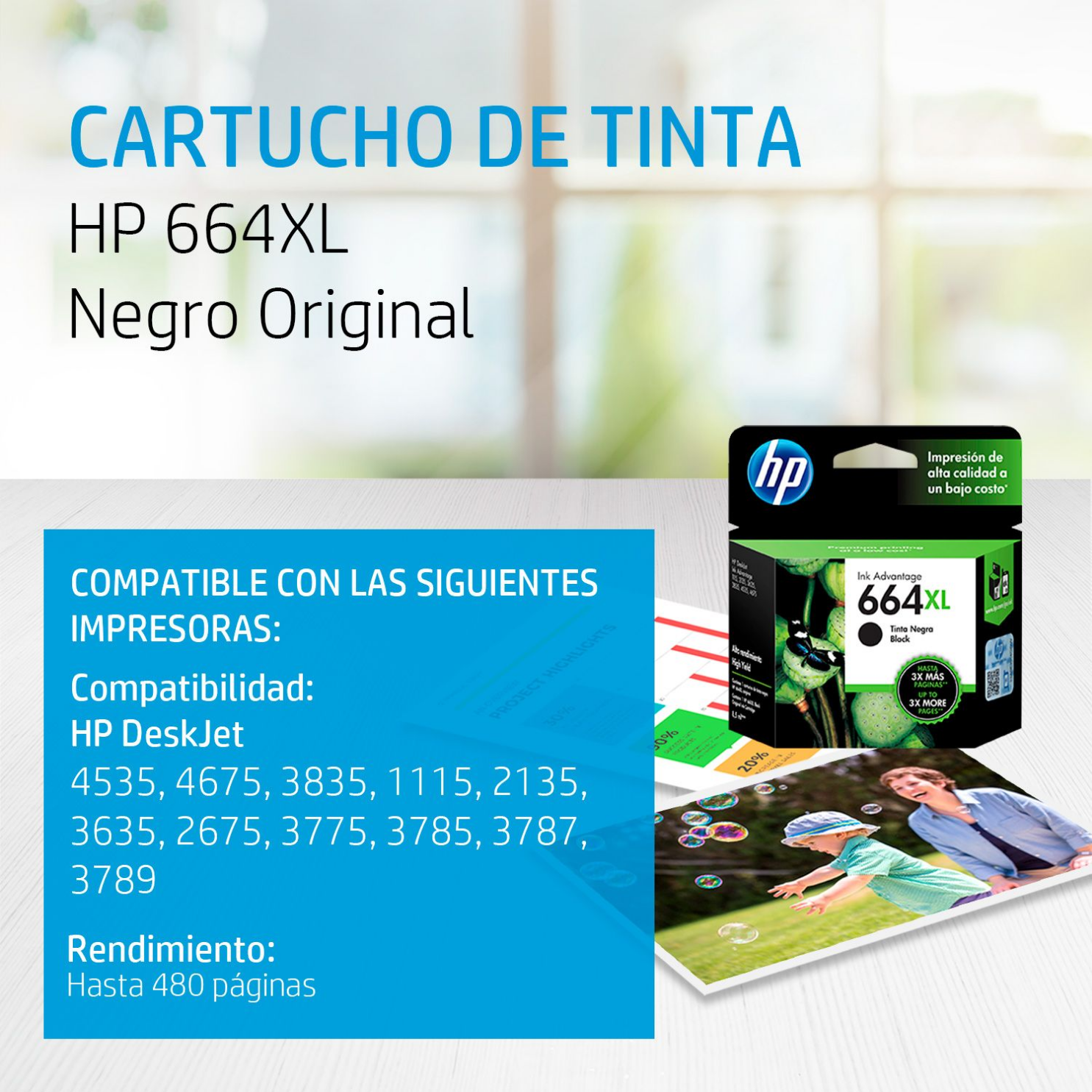 Cartucho de tinta HP 664XL Negro (F6V31AL) DeskJet 1115, 2135, 4535, 4675, 480 Pag.