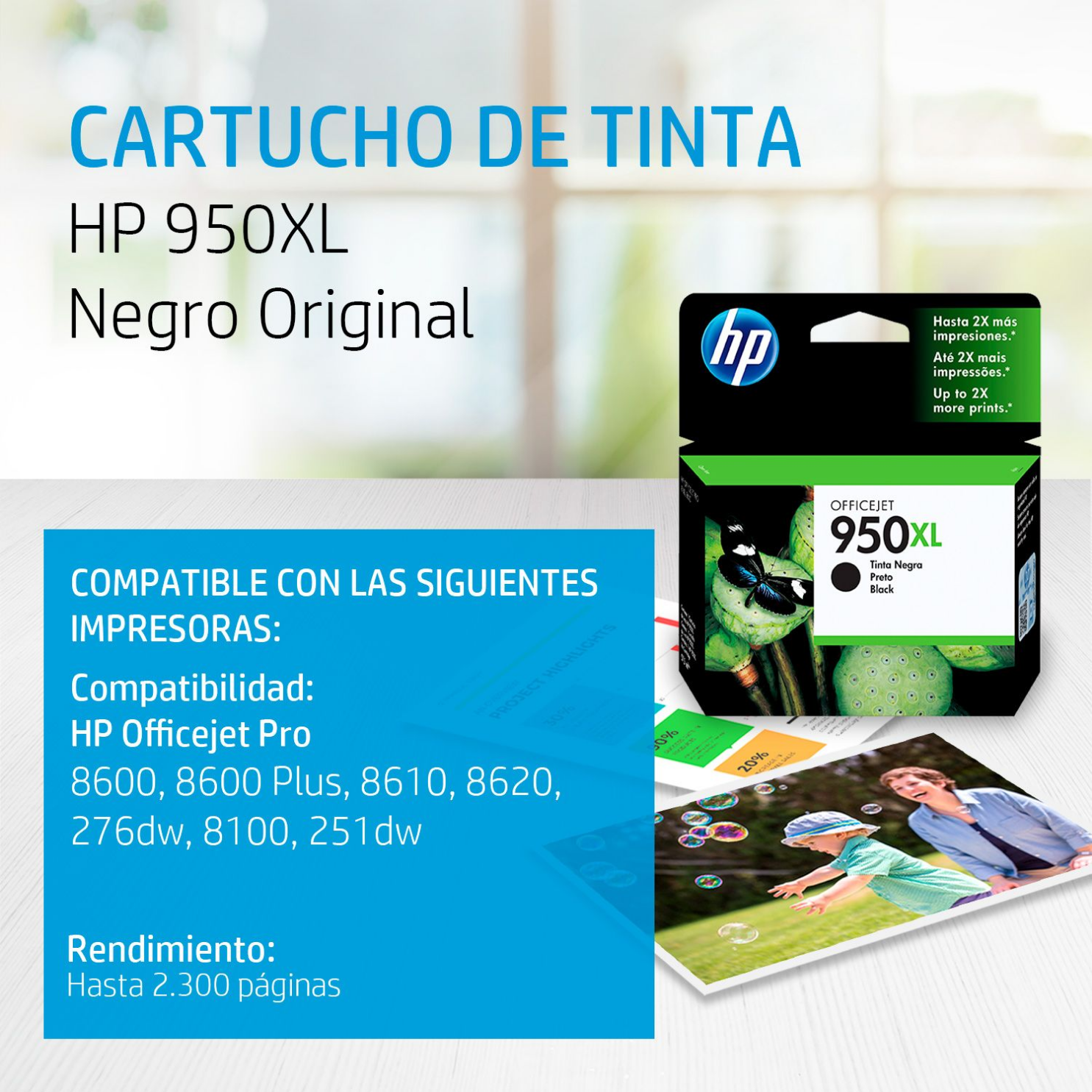 Cartucho de tinta HP 950XL Negro (CN045AL) OfficeJet 8100, 8600, 2300 Pag.