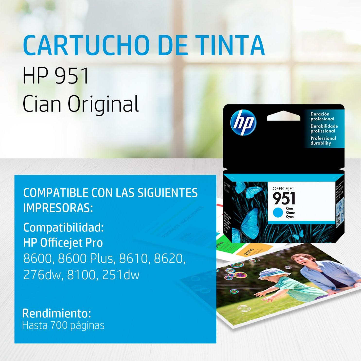 Cartucho de tinta HP 951 Cian (CN050AL) OfficeJet 8100, 8600, 700 Pag.