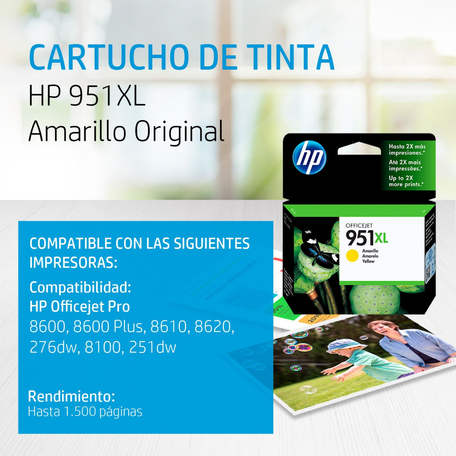 Cartucho de tinta HP 951XL Yellow (CN048AL) OfficeJet 8100, 8600, 1500 Pag.
