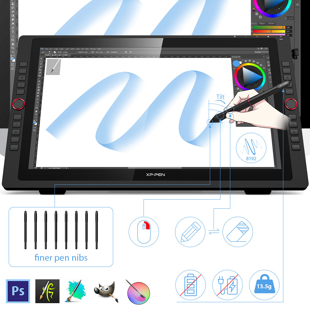 Pantalla Gráfica XP-Pen Artist 22R Pro, 8192 niveles de presión, 20 teclas express, 2 red dial, 90% RGB, 21.5" FHD IPS