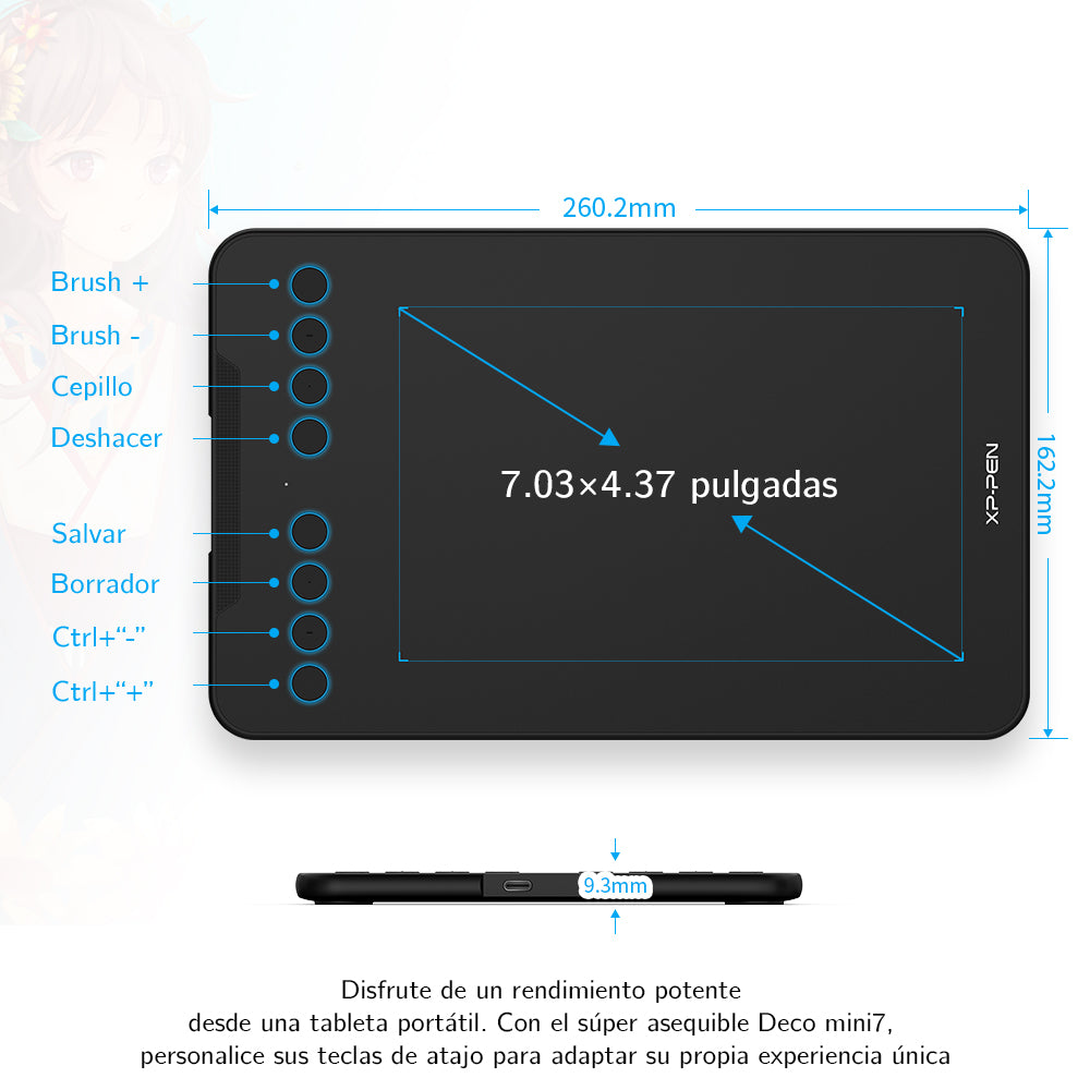 Area de trabajo de la tableta gráfica XP-Pen Deco Mini 7 y sus botones de atajo rápido.
