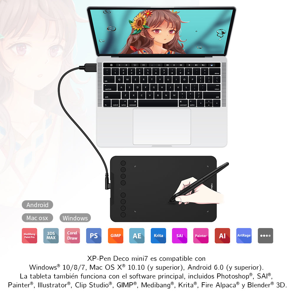 XP-Pen Deco Mini 7 compatible co software de diseño Photoshop, Sai, Clip Studio, Blender, Krita, Ilustrator