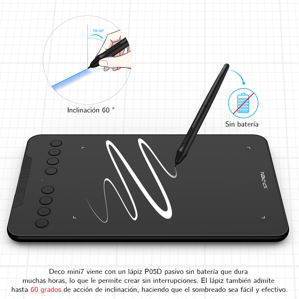 Lápiz libre de batería con soporte de 60° de inclinación de la tableta XP-Pen Deco Mini 7